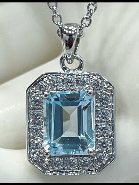 VALUE BUY Blue Topaz (Sim) Diamond Silver Pendant 18” Necklace PRICE FIRM